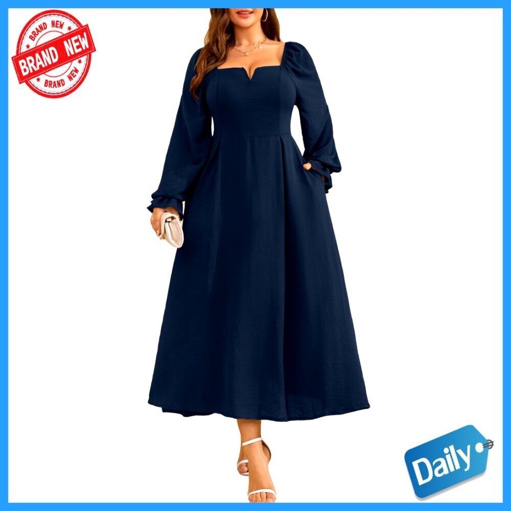 Plus Size Formal Maxi Dress with Pockets V-Neck Long Sleeve Flowy